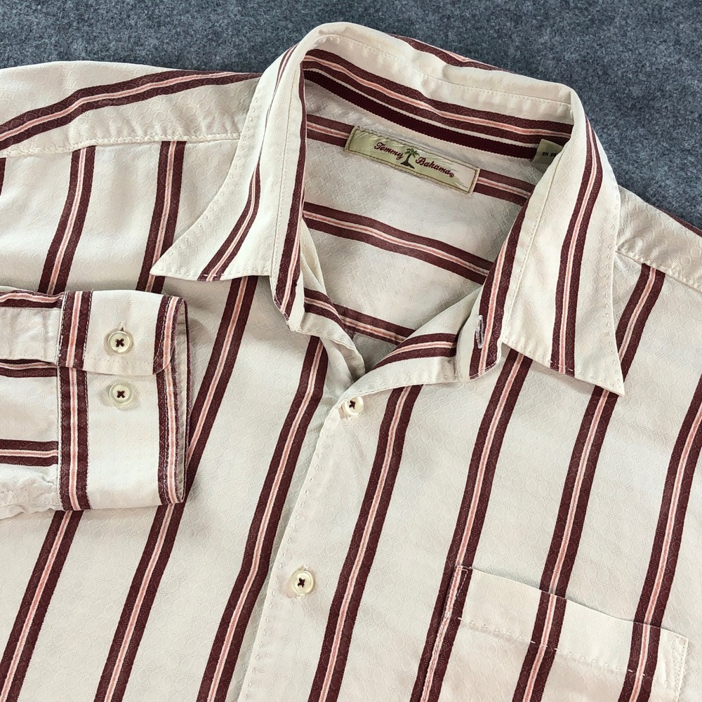 Tommy Bahama Mens Shirt L Cream Striped Silk Long Sleeve Resort Island